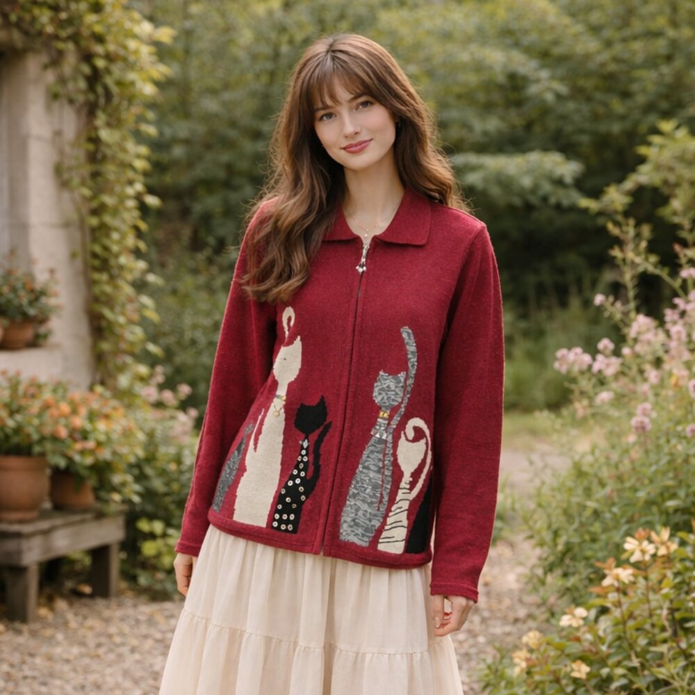 Whimsical Artisan Cat Knit Zip Cardigan Folk Art Cottagecore